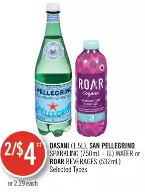 Shoppers Drug Mart Dasani, san pellegrino sparkling water or roar beverages offer
