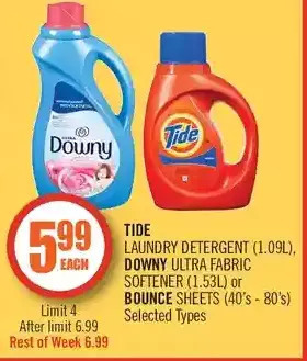 Shoppers Drug Mart Tide laundry detergent, downy ultra fabric softener or bounce sheets offer