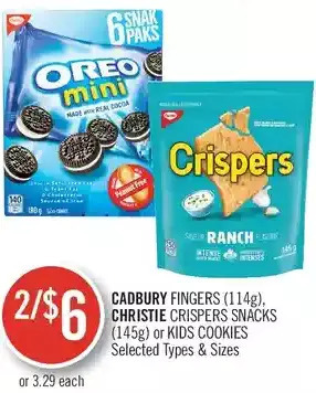 Shoppers Drug Mart Cadbury fingers, christie crispers snacks or kids cookies offer