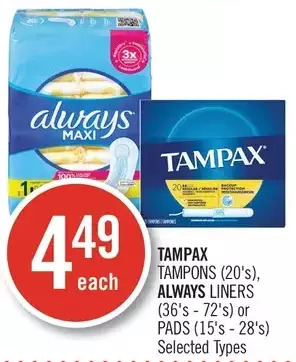 Shoppers Drug Mart Tampax tampons, always liners or pads offer
