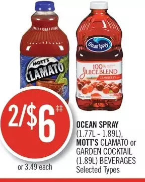 Shoppers Drug Mart Ocean spray, mott's clamato or garden cocktail beverages offer