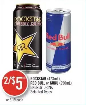 Shoppers Drug Mart Rockstar, red bull or guru energy drink offer