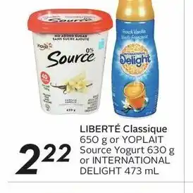 Safeway Yoplait source yogurt 630g or international delight 473ml offer