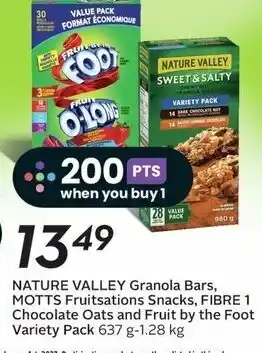 Safeway Nature valley granola bars, motts fruitsations snacks, fibre 1 chocolate oats and fruit by the foot variety pack 637g offer