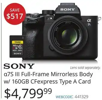 Vistek Sony α7s iii full-frame mirrorless body w/160gb cfexpress offer
