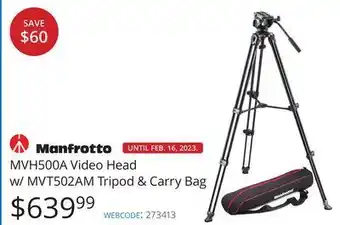 Vistek Manfrotto mvh500a video head w/ mvt502am tripod & carry bag offer