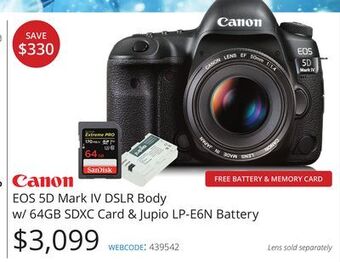 Vistek Canon eos 5d mark iv dslr body w/64gb sdxc card & jupio lp-e6n battery offer