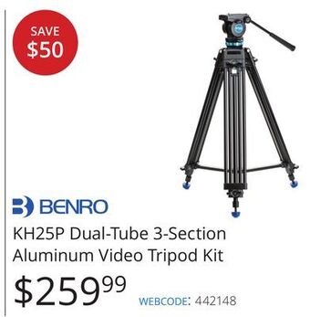 Vistek Benro kh25p dual-tube 3-section aluminum video tripod kit offer