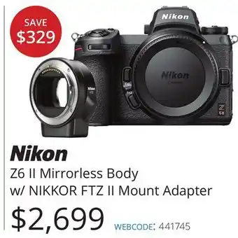 Vistek Nikon z6 ii mirrorless body w/nikkor ftz ii mount adapter offer
