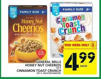Food Basics General Mills Honey Nut Cheerios 725g , Cinnamon Toast Crunch 591g offer