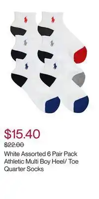 White assorted 6 pair pack athletic multi boy heel/ toe quarter socks