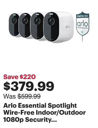 Best Buy Arlo essential spotlight wire-free indoor/outdoor 1080p security camera - white - 4 pack - only at best buy offer