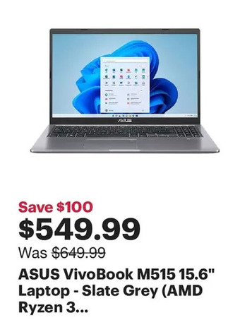 Best Buy Asus vivobook m515 15.6" laptop - slate grey (amd ryzen 3 3250u/512gb ssd/8gb ram/windows 11 home) offer