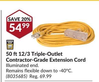 Princess Auto 50 ft 12/3 triple-outlet contractor-grade extension cord offer