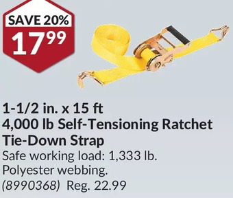 Princess Auto 1-1/2 in. x 15 ft 4,000 lb self-tensioning ratchet tie-down strap offer