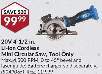 Princess Auto Power fist 20v 4-1/2 in. li-ion cordless mini circular saw, tool only offer