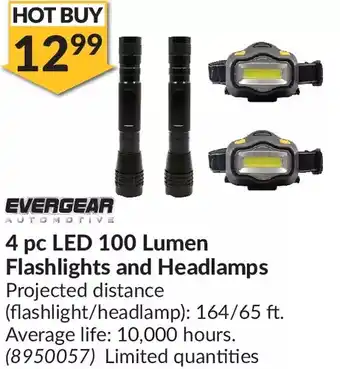 Princess Auto Evergear automotive 4 pc led 100 lumen flashlights and headlamps offer