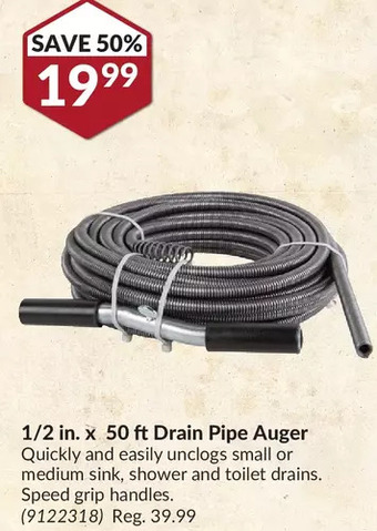 Princess Auto 1/2 in. x 50 ft drain pipe auger offer