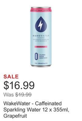 Costco Wakewater - caffeinated sparkling water 12 x 355ml, grapefruit offer