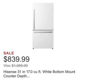 Costco Hisense 31 in 17.0 cu ft. white bottom mount counter depth refrigerator with gallon door storage offer
