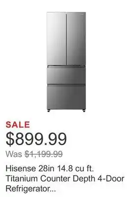 Costco Hisense 28in 14.8 cu ft. titanium counter depth 4-door refrigerator with recessed handle offer
