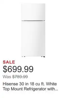 Costco Hisense 30 in 18 cu ft. white top mount refrigerator with reversible door offer