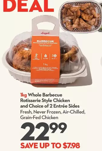 Longo's 1kg whole barbecue rotisserie style chicken and choice of 2 entrée sides offer