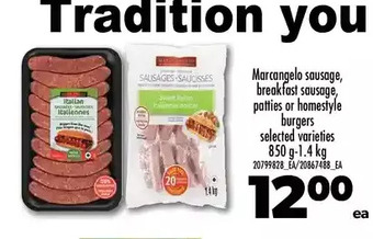 Real Canadian Superstore Marcangelo sausage, breakfast sausage, patties or homestyle burgers offer