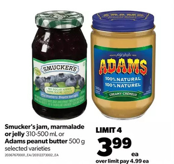 Real Canadian Superstore Smucker's jam, marmalade or jelly or adams peanut butter offer