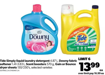 Real Canadian Superstore Tide simply liquid laundry detergent, downy fabric softener, scent boosters, gain or bounce dryer sheets offer