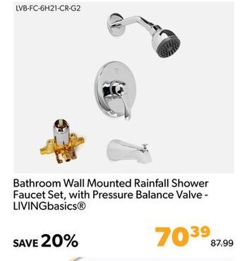 Shopper+ Bathroom wall mounted rainfall shower faucet set, with pressure balance valve - livingbasics offer