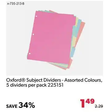 Shopper+ Oxford subject dividers - assorted colours, 5 dividers per pack 225151 offer