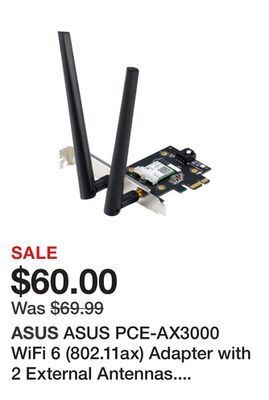 Newegg Asus pce-ax3000 wifi 6 (802.11ax) adapter with 2 external antennas. supporting 160mhz for total data rate up to 3000mbps, blu offer