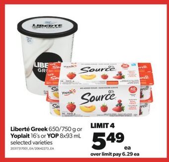 Real Canadian Superstore Liberté greek,650/750 g or yoplait 16's or yop, 8x93 ml offer