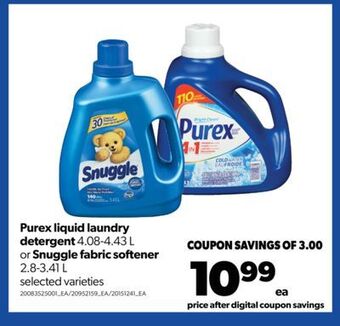Real Canadian Superstore Purex liquid laundry detergent, 4.08-4.43 l or snuggle fabric softener, 2.8-3.41 l offer
