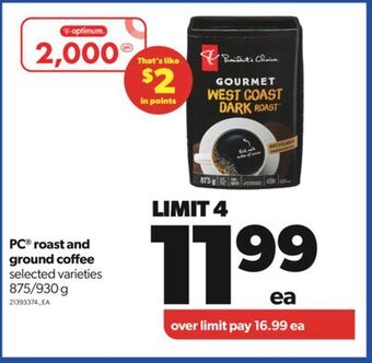 Real Canadian Superstore Pc® roast and ground coffee,875/930 g offer