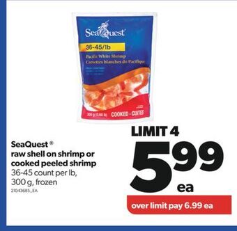 Real Canadian Superstore Seaquest® raw shell on shrimp or cooked peeled shrimp,36-45 count per lb,300 g offer