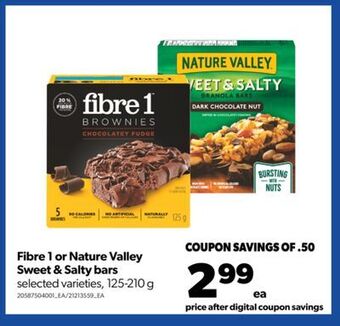 Real Canadian Superstore Fibre 1 or nature valley sweet & salty bars, 125-210 g offer