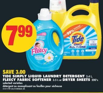 No Frills Tide simply liquid laundry detergent, 3.4 l, fleecy fabric softener, 3.5 l or dryer sheets 200's offer