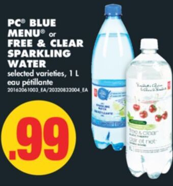 No Frills Pc® blue menu® or free & clear sparkling water, 1 l offer