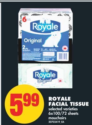 No Frills Royale facial tissue, 6x100/72 sheets offer