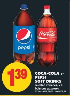 No Frills Coca-cola or pepsi soft drinks, 2 l offer