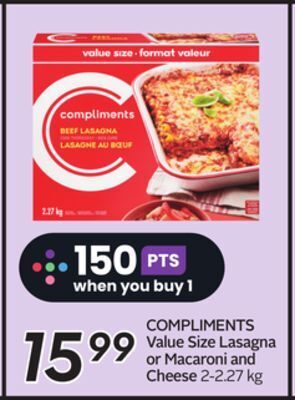 Sobeys Compliments value size lasagna or macaroni and cheese offer