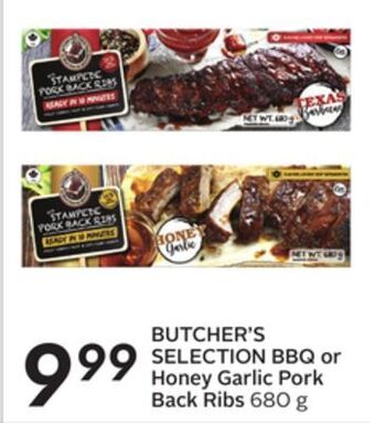 Sobeys Butcher's selection bbq or honey garlic pork back ribs offer