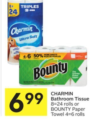 Foodland Charmin bathroom tissue 8 = 24 rolls or bounty paper towel 4 = 6 rolls offer