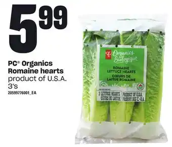 Loblaws Pc organics romaine hearts, 3's offer