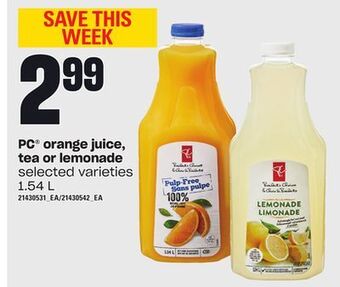 Loblaws Pc® orange juice, tea or lemonade, 1.54 l offer