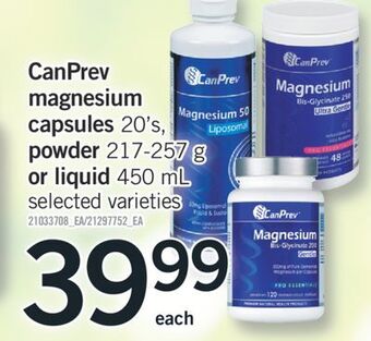 Fortinos Canprev magnesium capsules, 20's, powder, 217-257 g or liquid, 450 ml offer