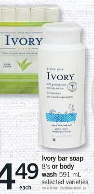 Fortinos Ivory bar soap, 8's or body wash, 591 ml offer