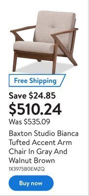 Walmart Baxton studio bianca tufted accent arm chair in gray and walnut brown offer